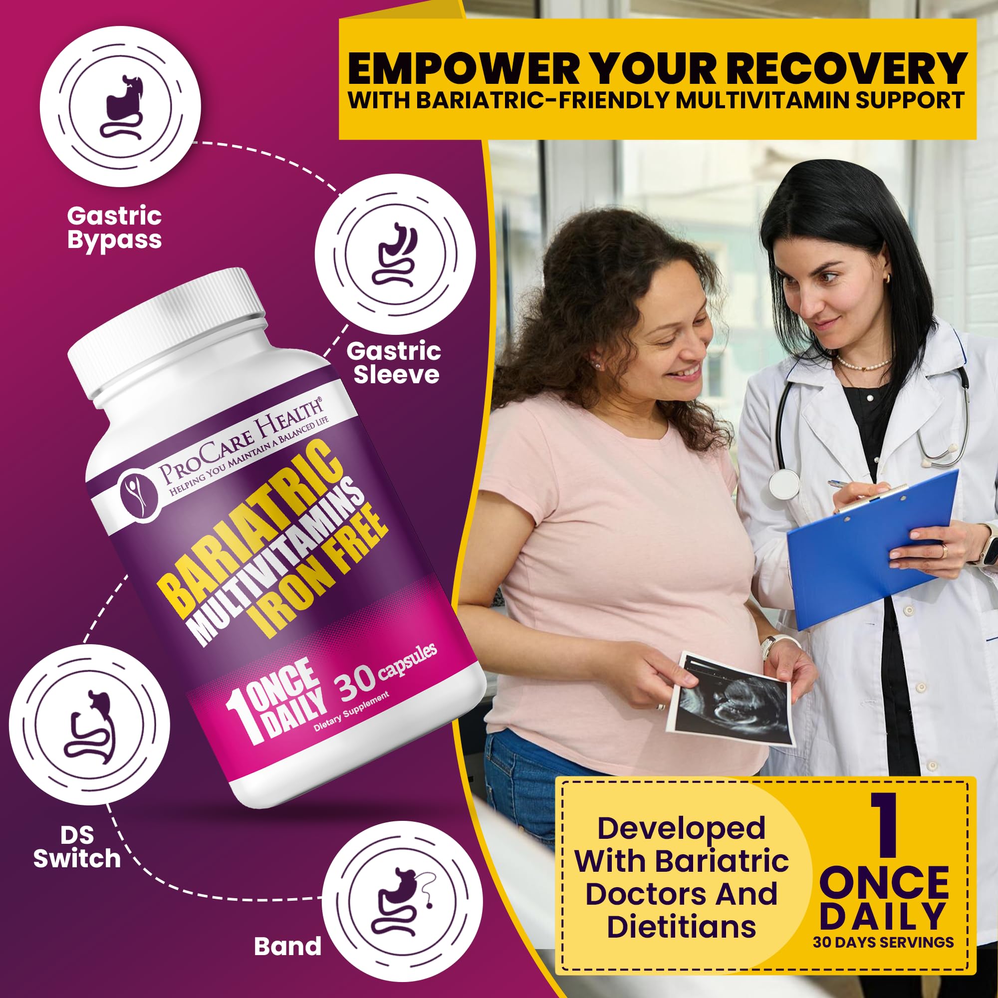 ProCare Health iron-free formula tailored for bariatric patients balancing essential vitamins.