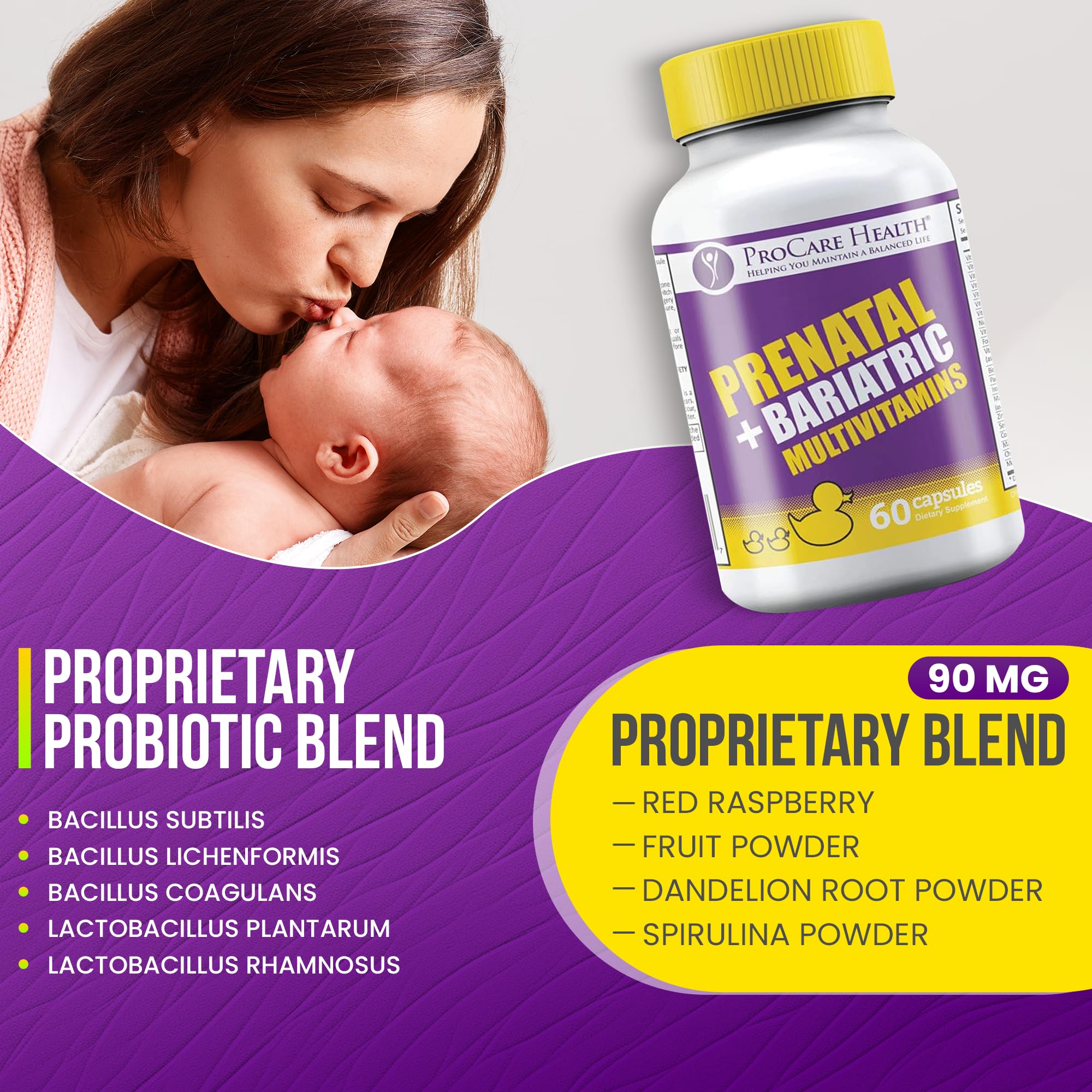 ProCare Health ingredients panel featuring iron, folate, and B12