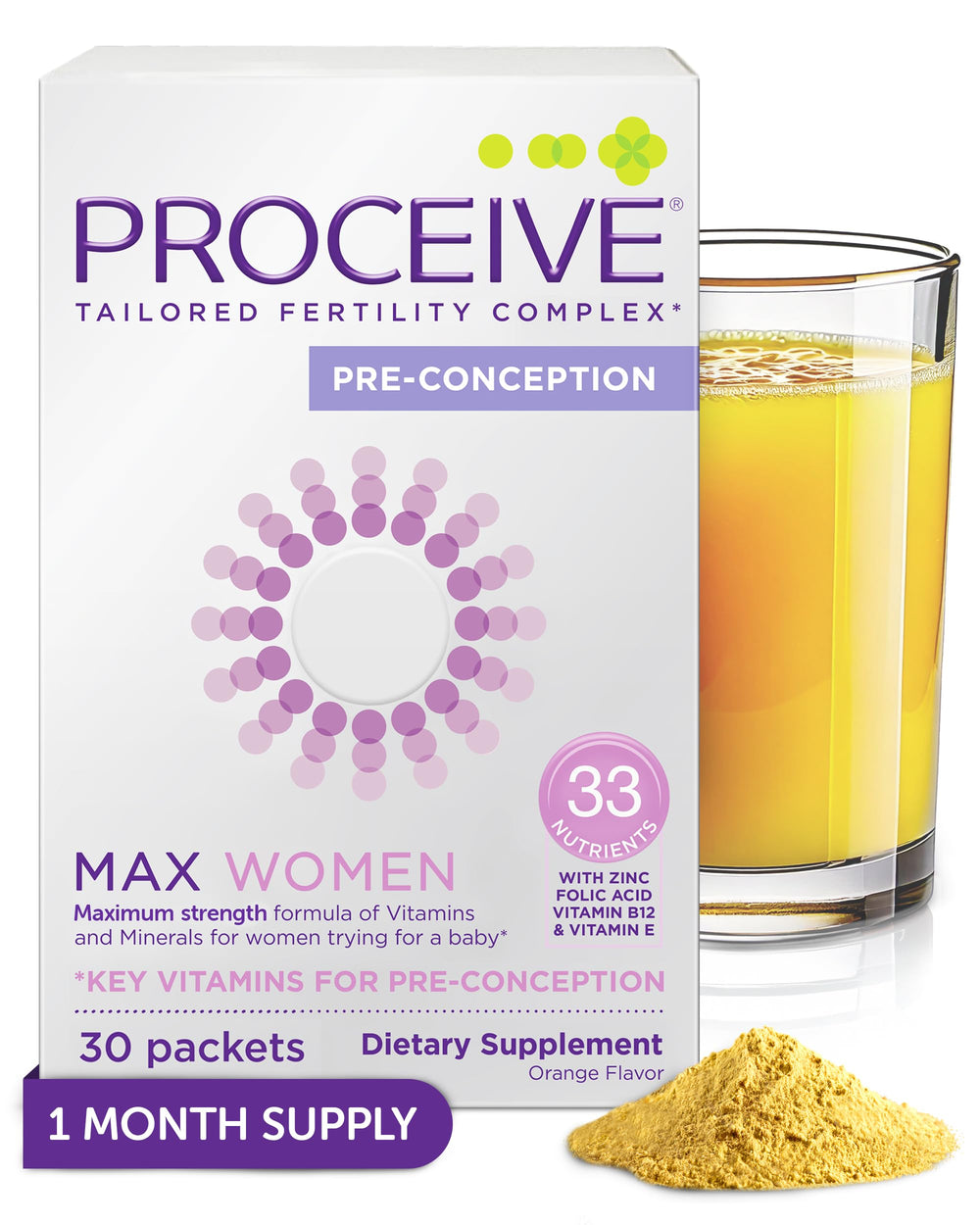 Proceive Max orange packet serve for convenient daily fertility support.
