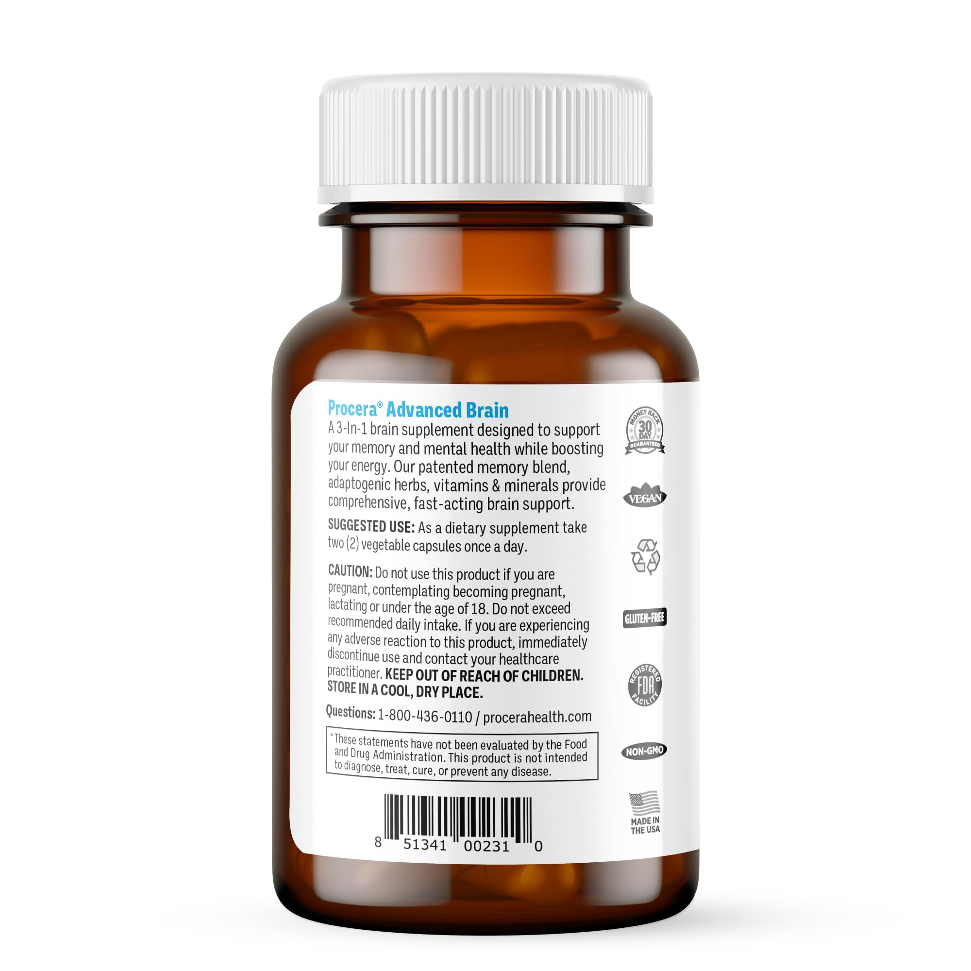 Procera Advanced Brain capsules close-up highlighting daily use and ease.
