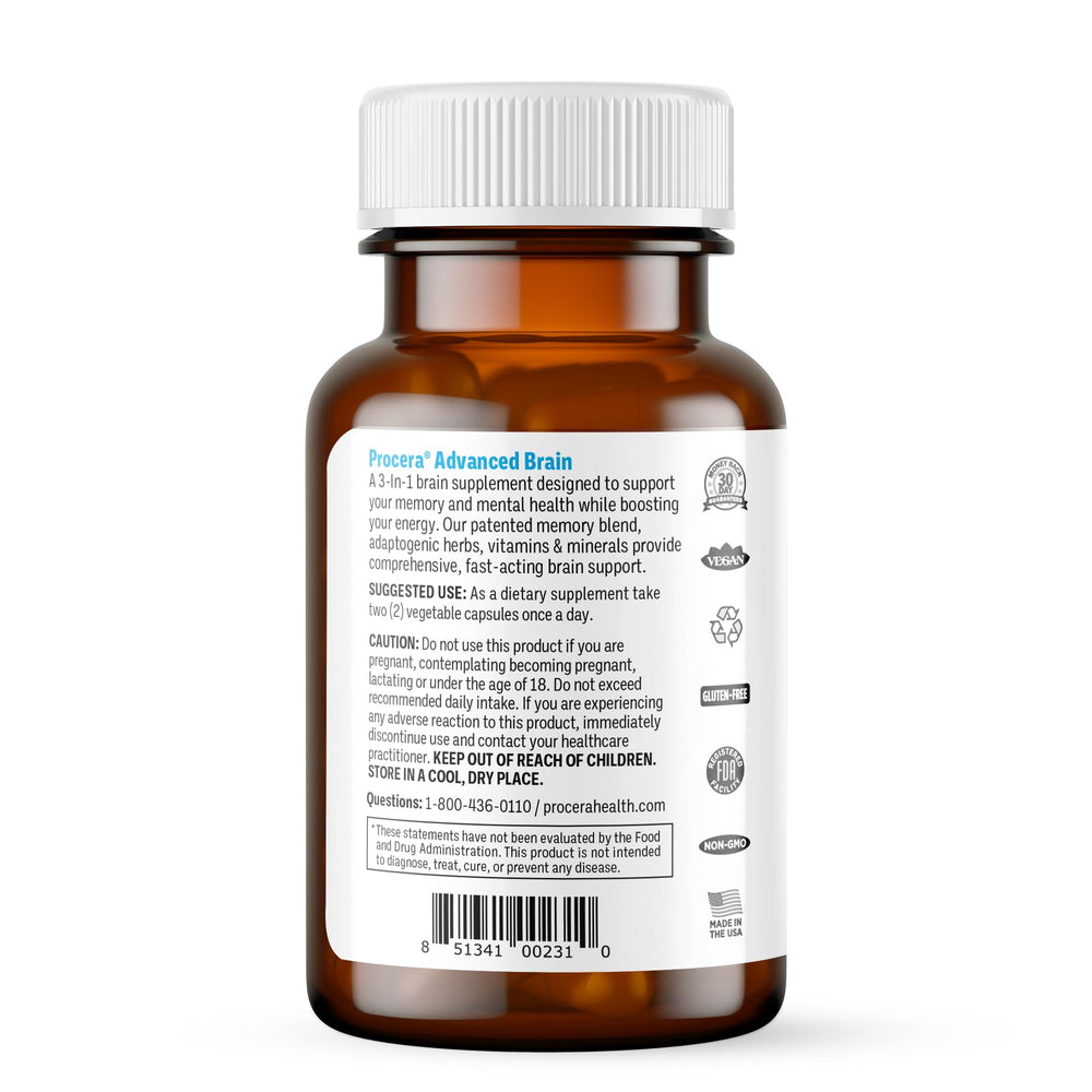 Procera Advanced Brain capsules close-up highlighting daily use and ease.