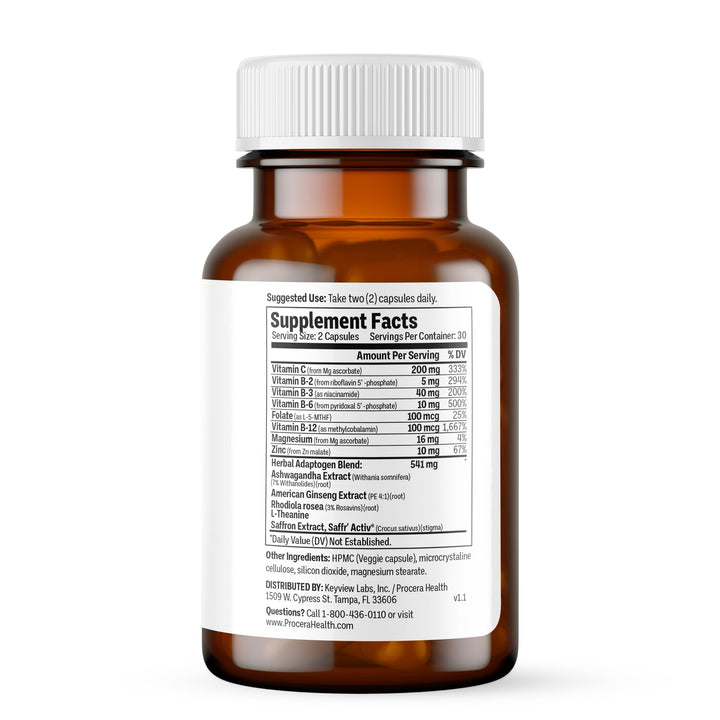 Close-up of Procera Mood Support capsules highlighting adaptogen blend for calm focus.