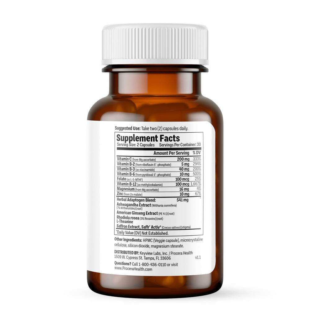 Close-up of Procera Mood Support capsules highlighting adaptogen blend for calm focus.