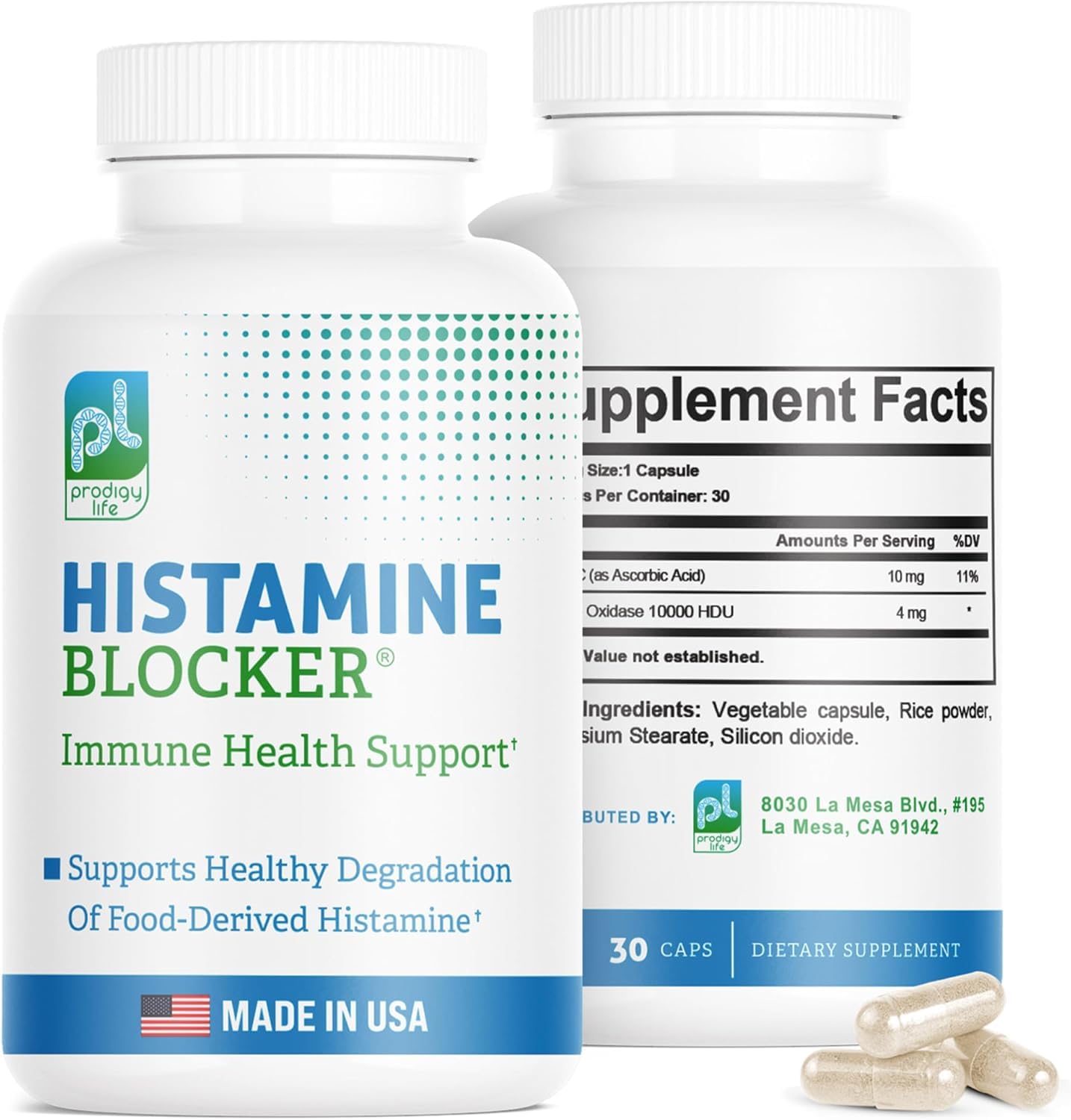 Prodigy Life DAO histamine blocker bottle for daily digestive support.