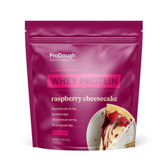 ProDough Gourmet whey isolate bag front shows rasberry cheesecake flavor for a premium protein option.