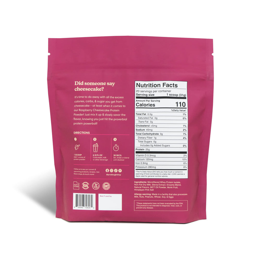 ProDough protein scoop beside bag for quick, accurate serving in shakes.