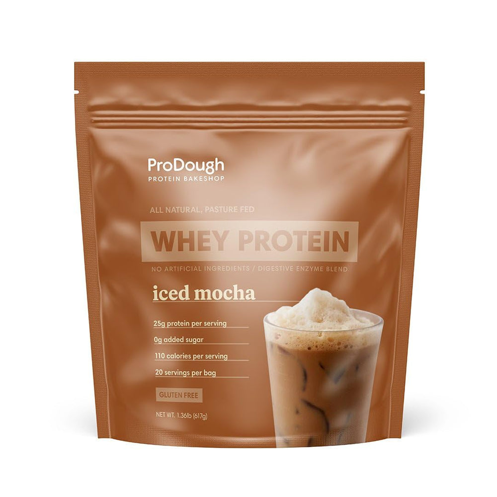 ProDough Gourmet Whey Isolate Iced Mocha bottle, convenient post-workout protein.