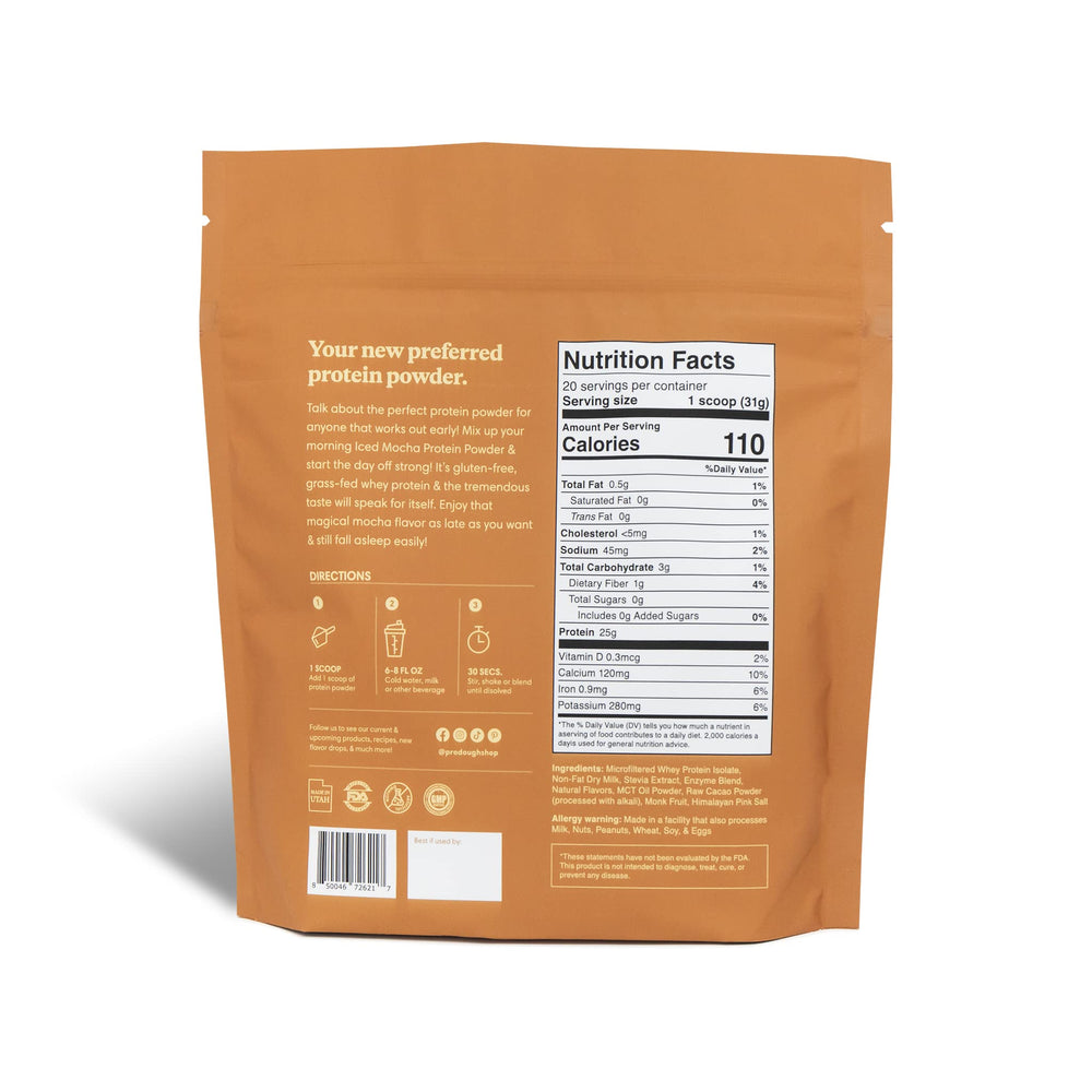 ProDough Gourmet Whey Isolate Iced Mocha scoop for quick shakes.