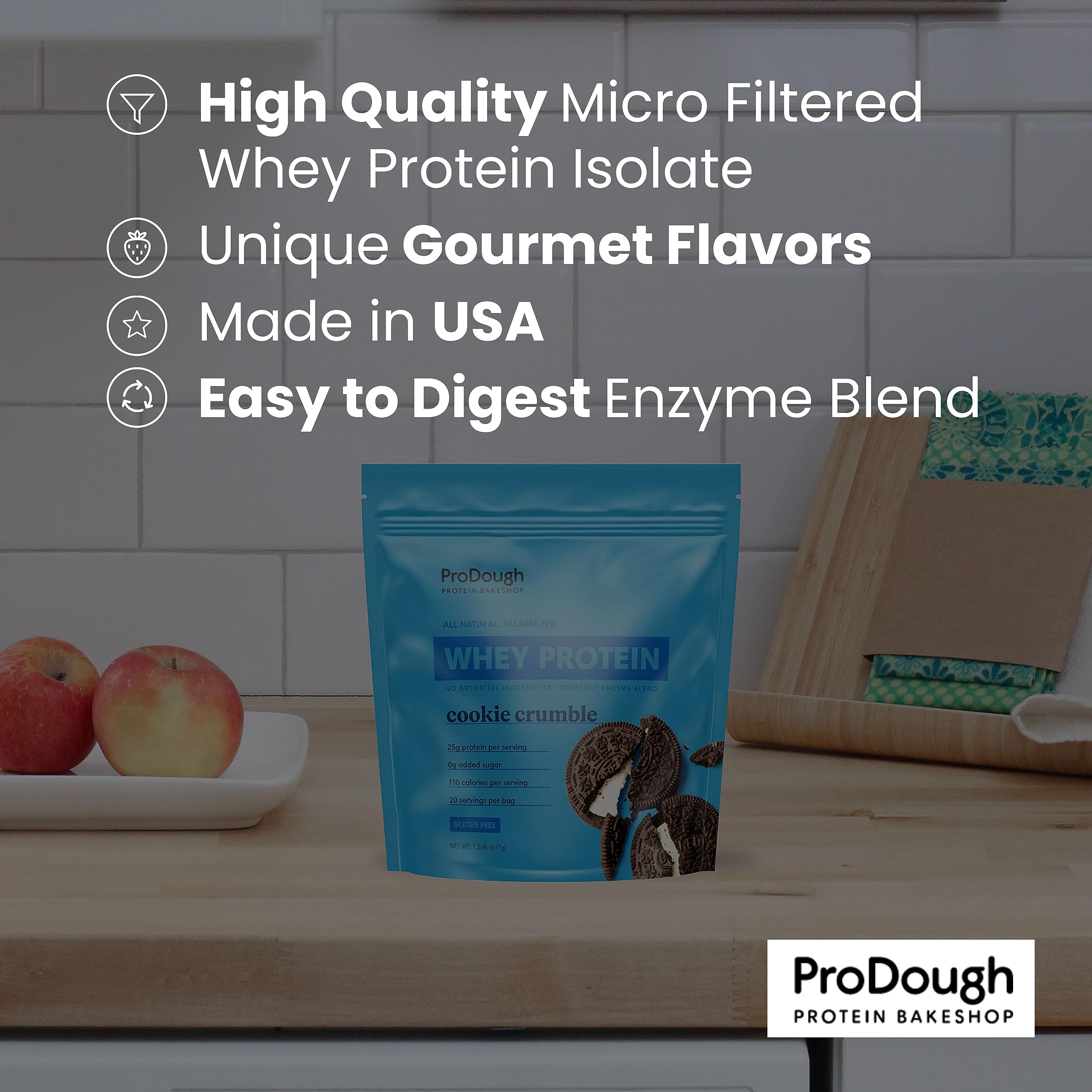 ProDough Gourmet Whey Isolate Chocolate Mousse ingredient panel with nutrition details