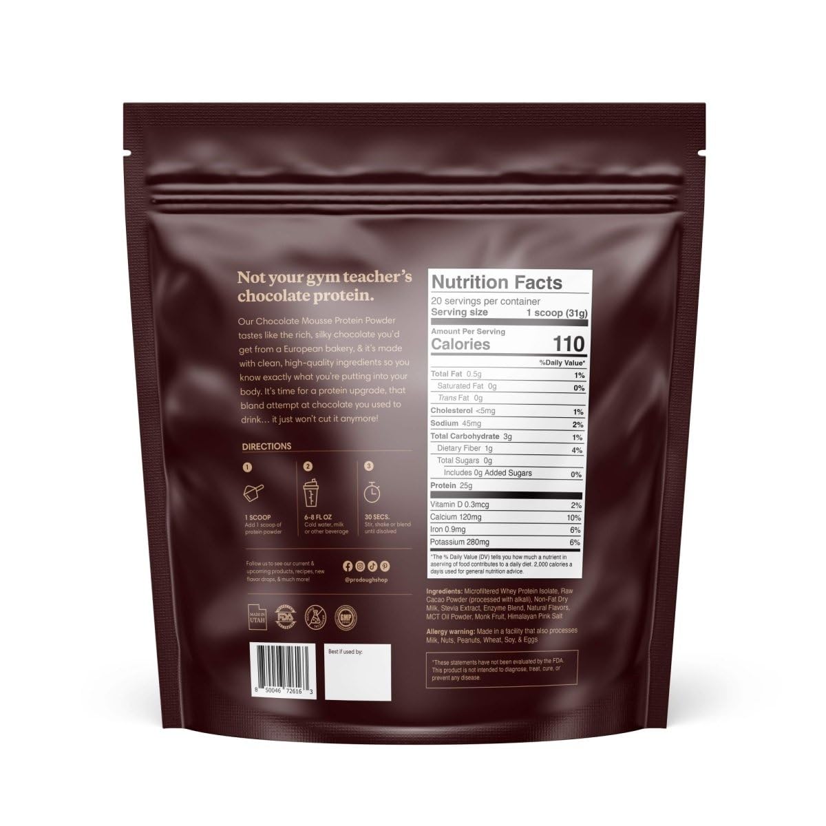 ProDough Gourmet Whey Isolate Chocolate Mousse shake glass delivering flavor-packed protein