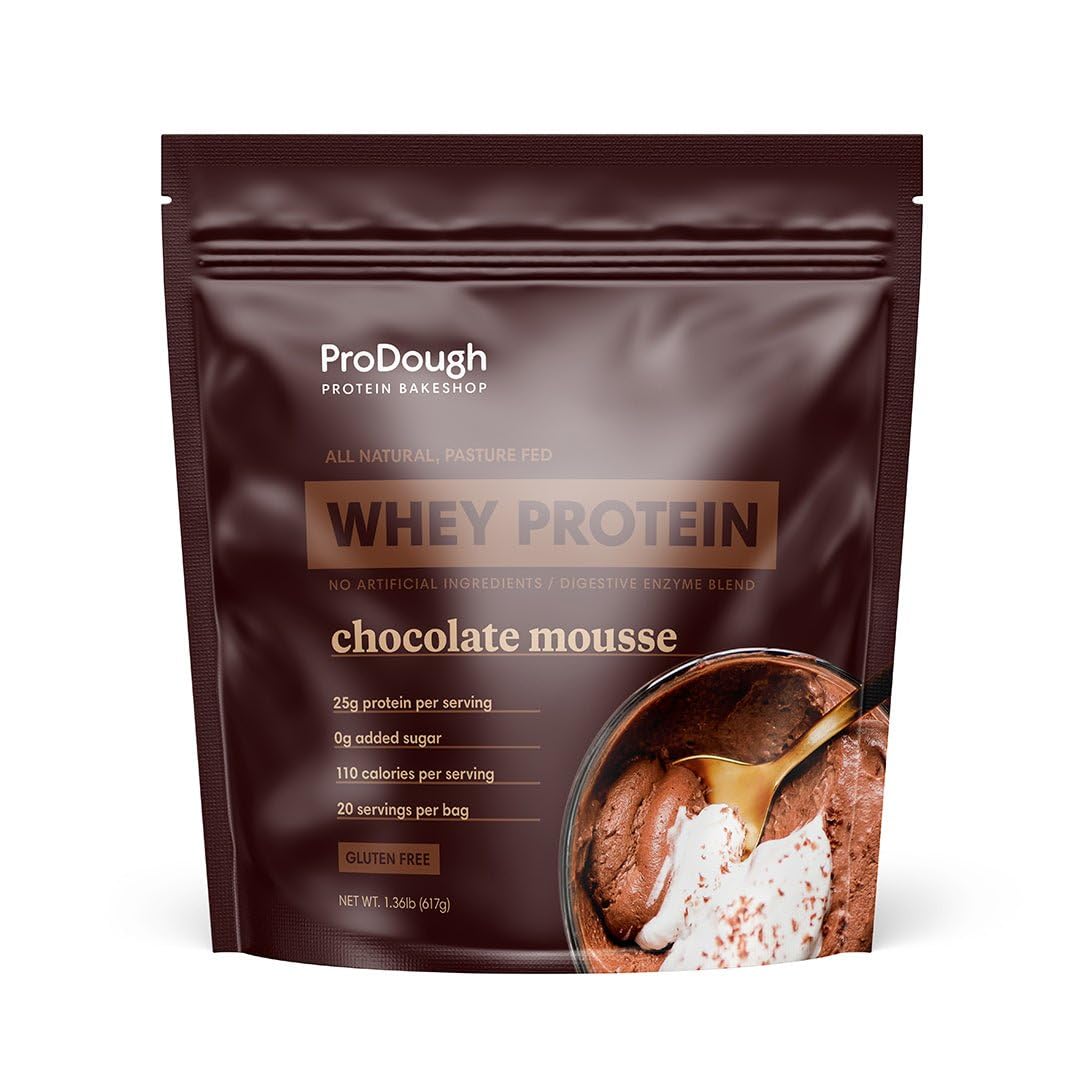 ProDough Gourmet Whey Isolate Chocolate Mousse tub for smooth, high-protein shakes