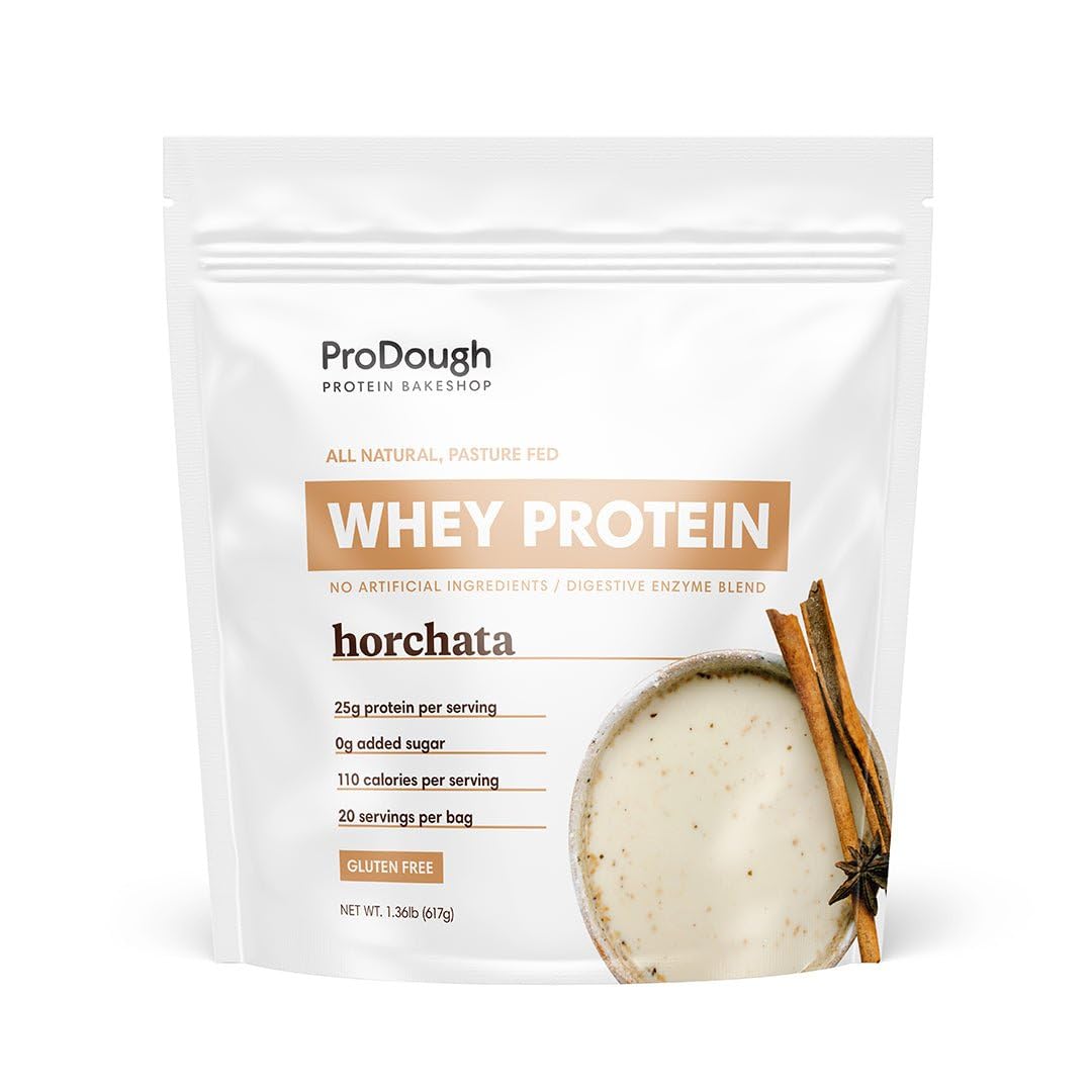 ProDough Horchata whey isolate bottle pour – convenient on-the-go protein.