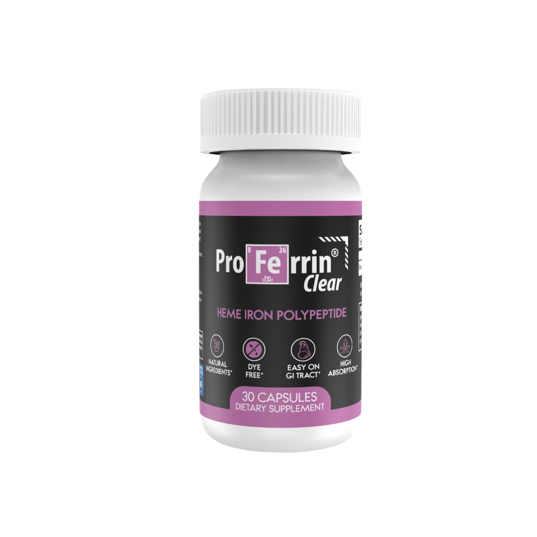 Proferrin Clear 30ct bottle front shows dye-free heme iron capsules for gentle daily iron.