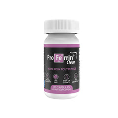 Proferrin Clear 30ct bottle front shows dye-free heme iron capsules for gentle daily iron.