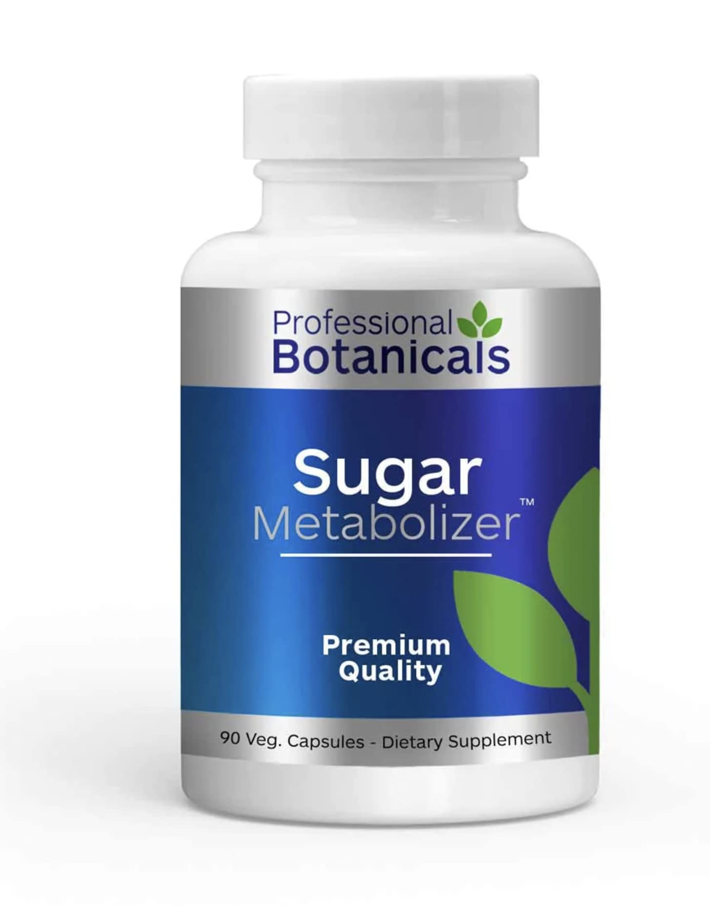 Professional Botanicals Sugar Metabolizer capsules on bottle, supports daily sugar metabolism and energy.