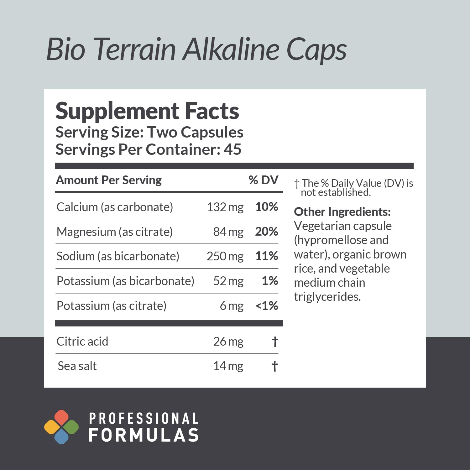Bio Terrain Alkaline Caps bottle back with capsule texture and alkalinity support