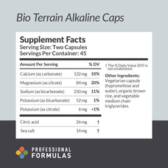 Bio Terrain Alkaline Caps bottle back with capsule texture and alkalinity support