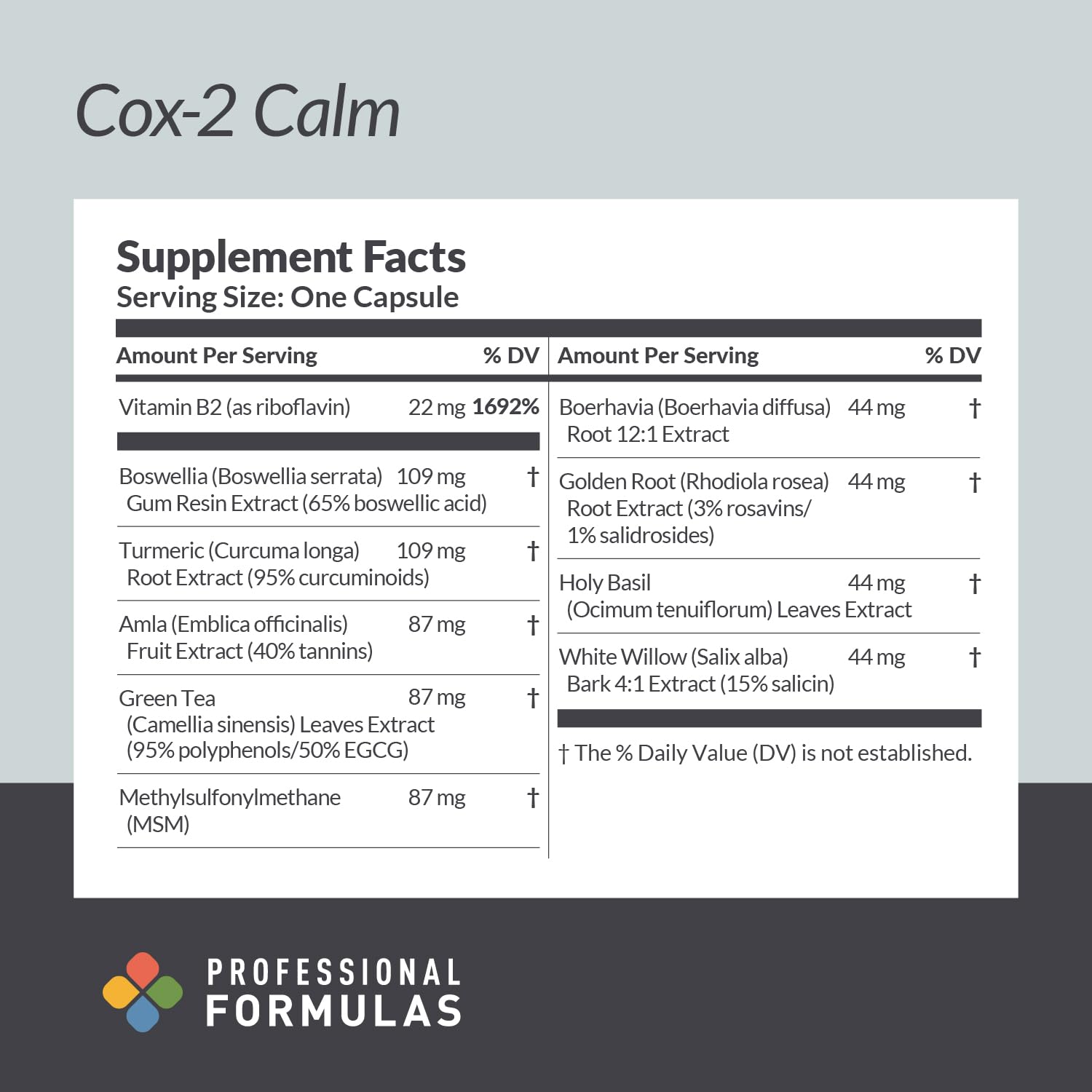 Professional Complementary Health Formulas Cox-2 Calm bottle showing green tea and holy basil for resilience and antioxidant support.