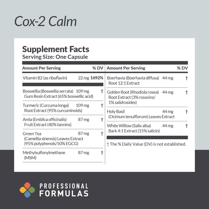 Professional Complementary Health Formulas Cox-2 Calm bottle showing green tea and holy basil for resilience and antioxidant support.