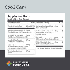 Professional Complementary Health Formulas Cox-2 Calm bottle showing green tea and holy basil for resilience and antioxidant support.