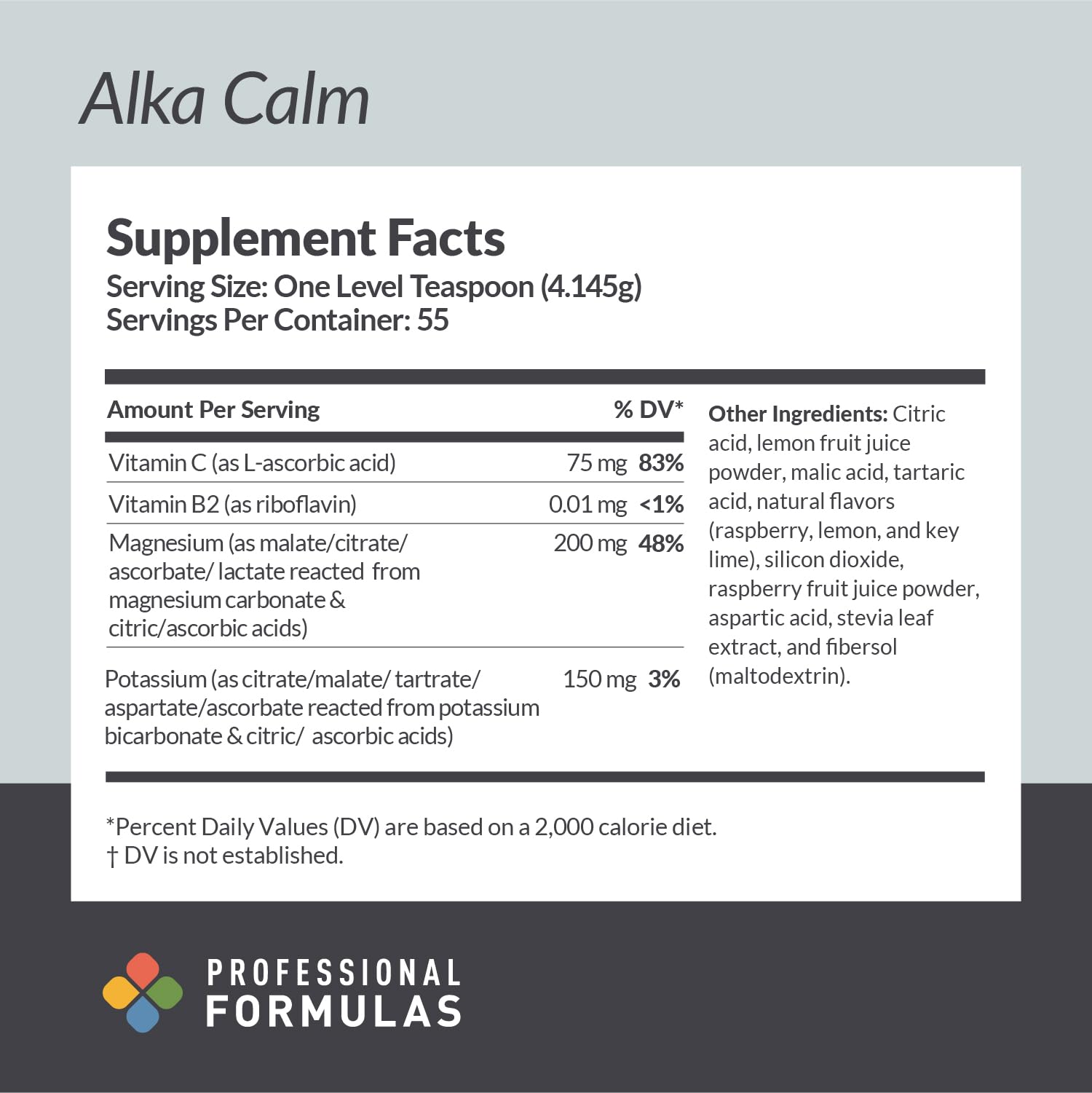 Professional Formulas Alka Calm measuring scoop for easy serving and dosing.