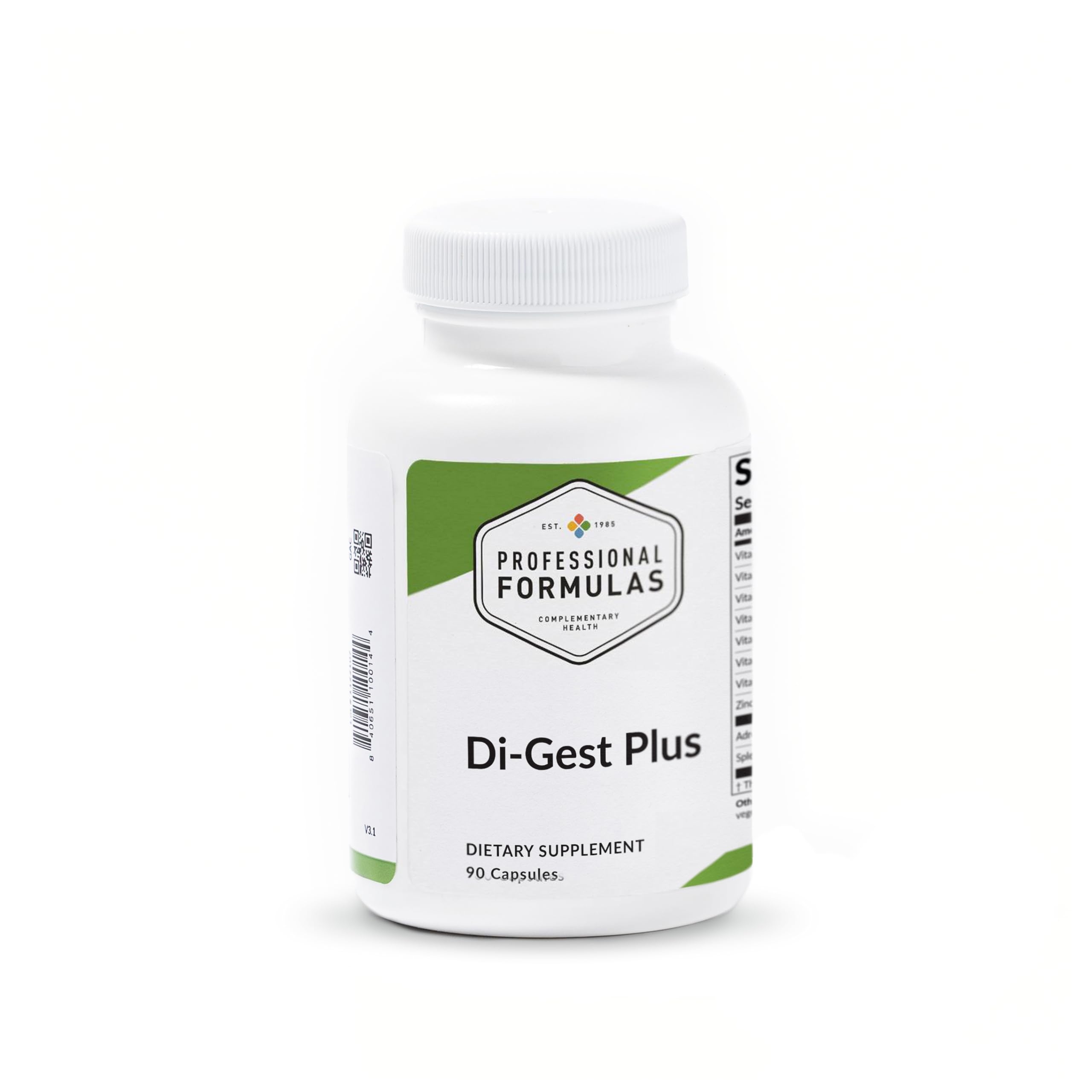 Professional Formulas Di-Gest Plus bottle displaying label with ingredients and supplement details for digestive support.