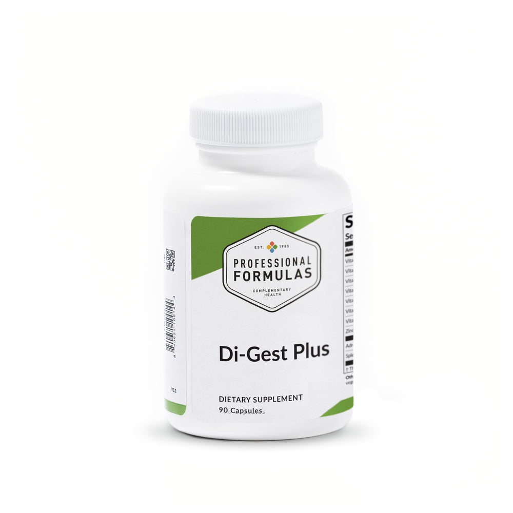 Professional Formulas Di-Gest Plus bottle displaying label with ingredients and supplement details for digestive support.