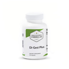 Professional Formulas Di-Gest Plus bottle displaying label with ingredients and supplement details for digestive support.
