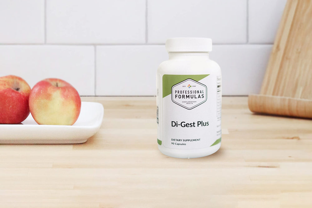 Di-Gest Plus ingredients panel highlights Betaine HCl and enzymes for digestion and nutrient absorption.
