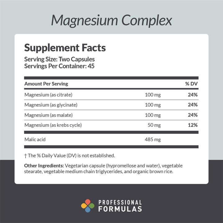 Close-up of Professional Formulas Magnesium Complex capsules highlighting neuromuscular support potential.