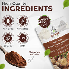 Profine mushroom powder in a coffee mug dissolves smoothly for a warming boost.