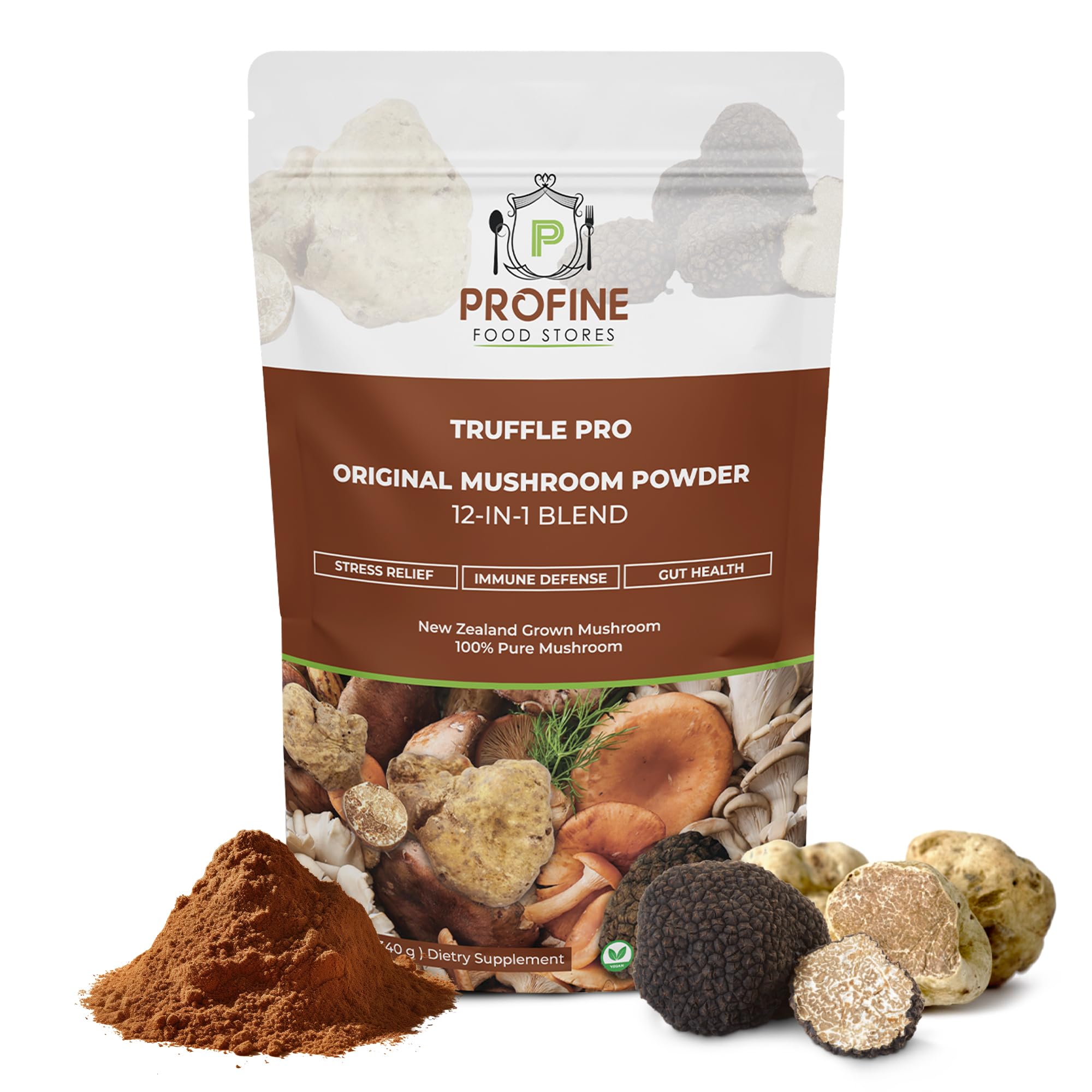 Profine Truffle PRO Mushroom Powder packaging shows organic blend for daily wellness.