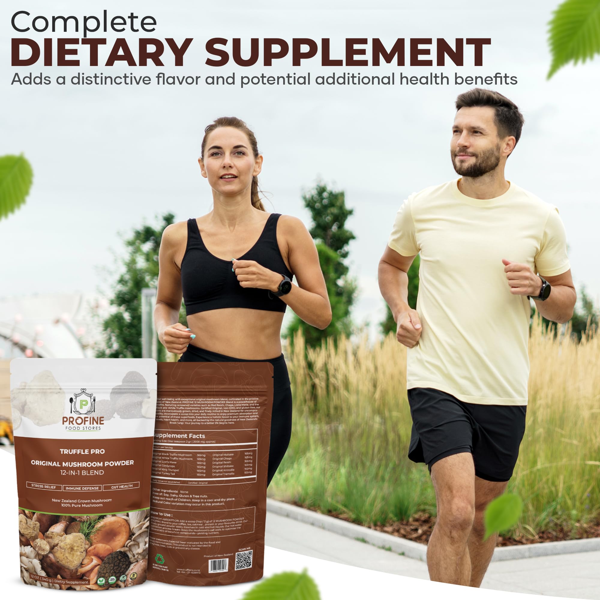 Profine mushroom powder stirred into a protein shake for quick nourishment.