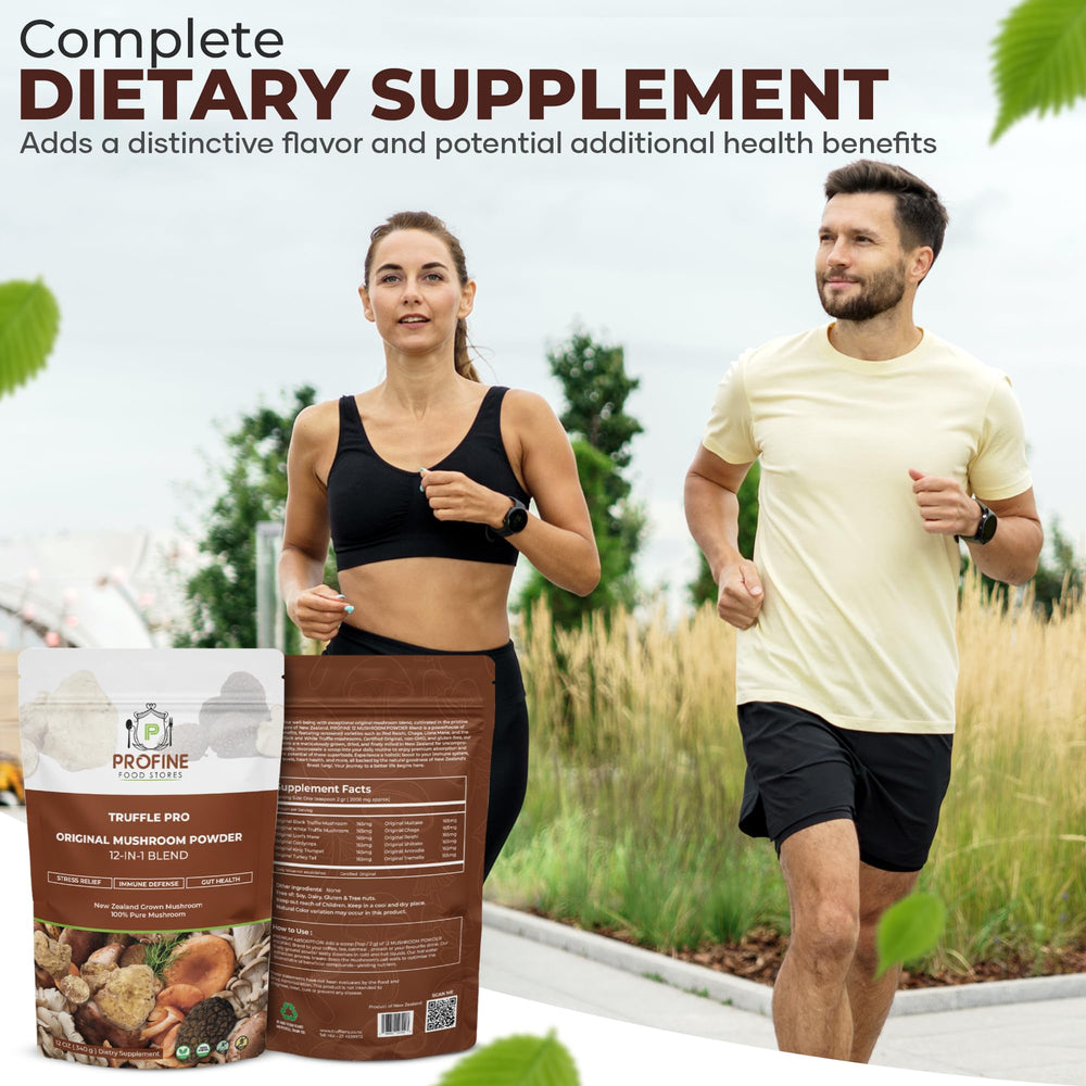 Profine mushroom powder stirred into a protein shake for quick nourishment.