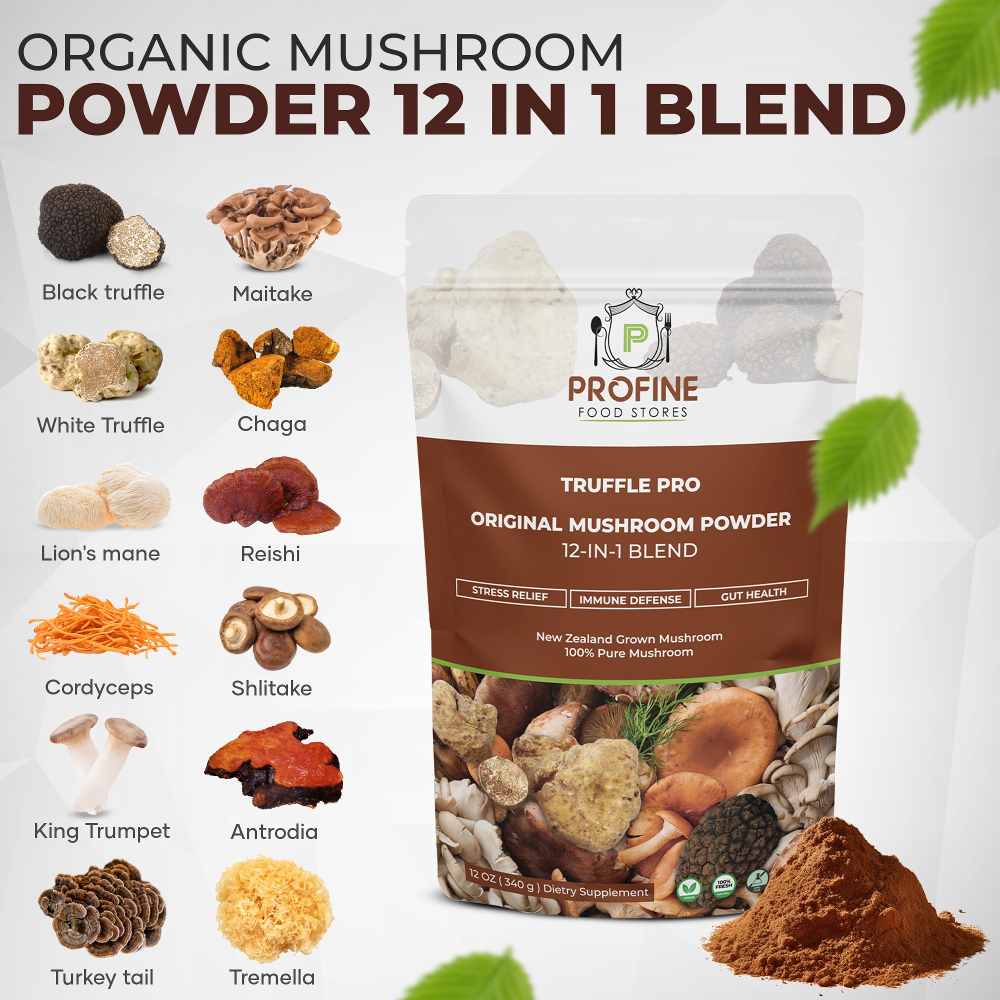 Profine mushroom powder in a tea cup enhances hot beverage with mushroom flavor.