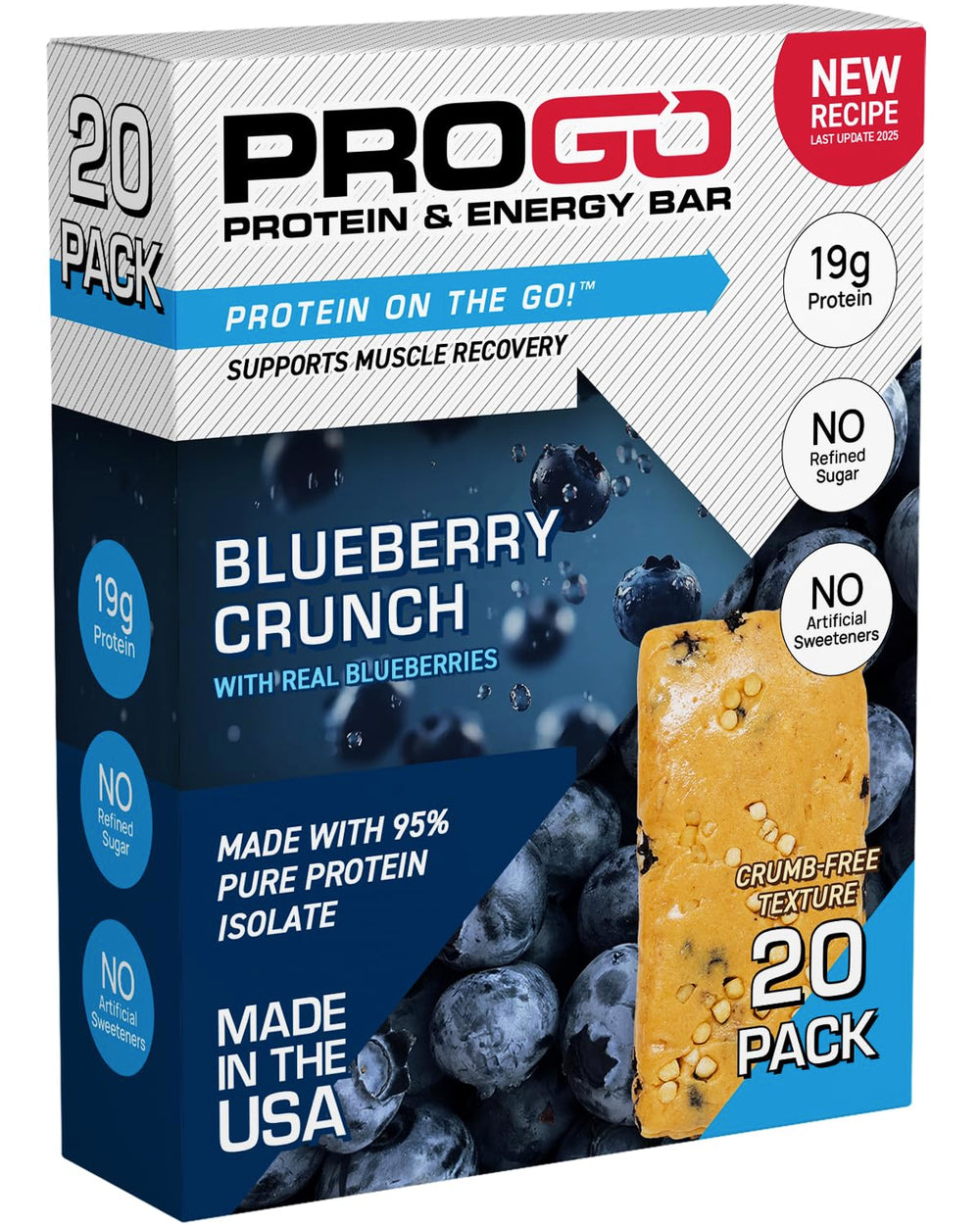 ProGo Protein Bar Blueberry Crunch Pack offers on-the-go energy with 19g protein.
