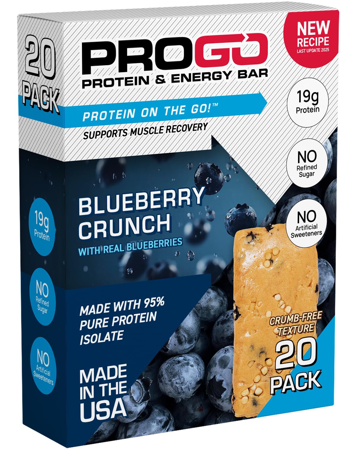 ProGo Protein Bar Blueberry Crunch Pack offers on-the-go energy with 19g protein.