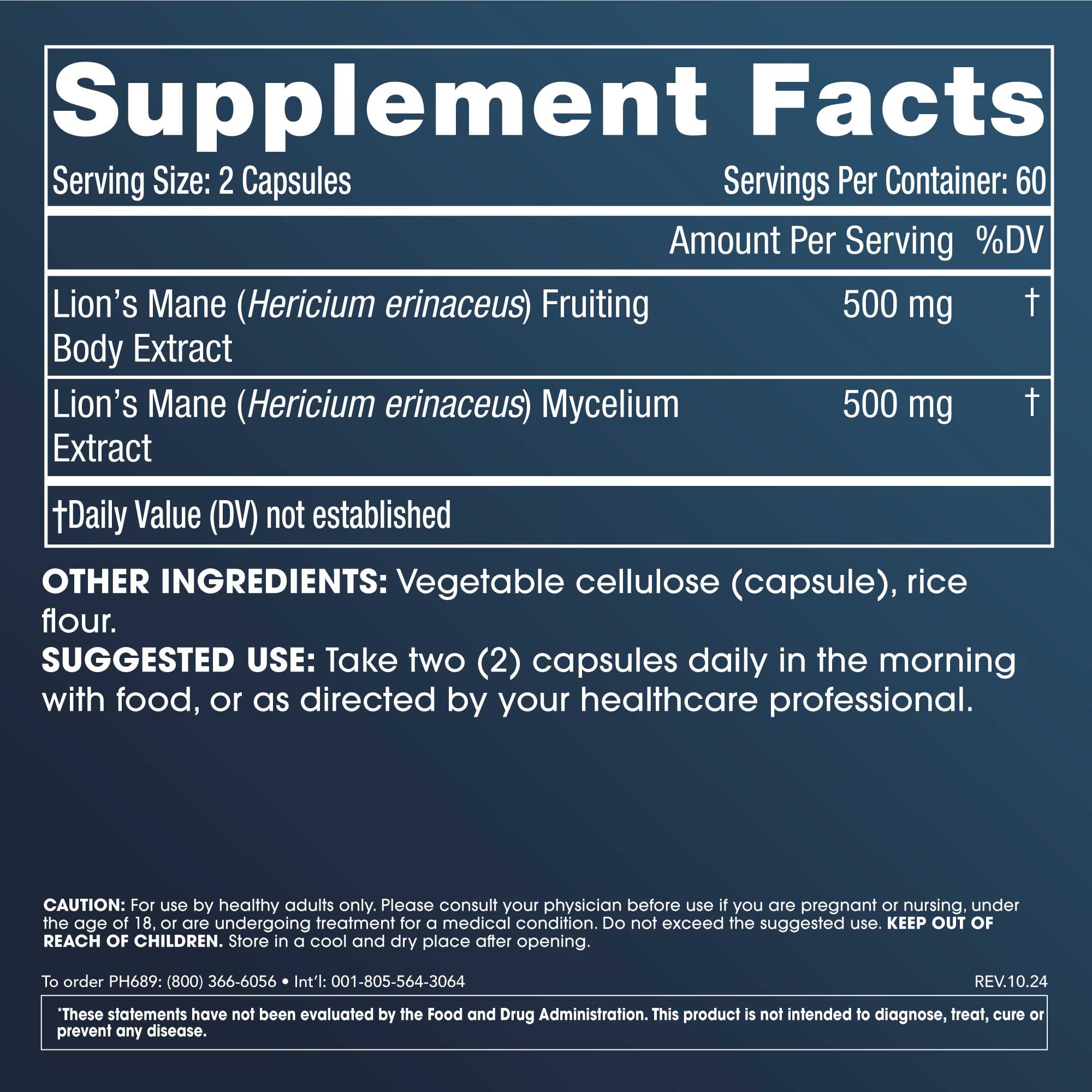 Capsules of fruiting body and mycelium blend supporting brain health and immunity.