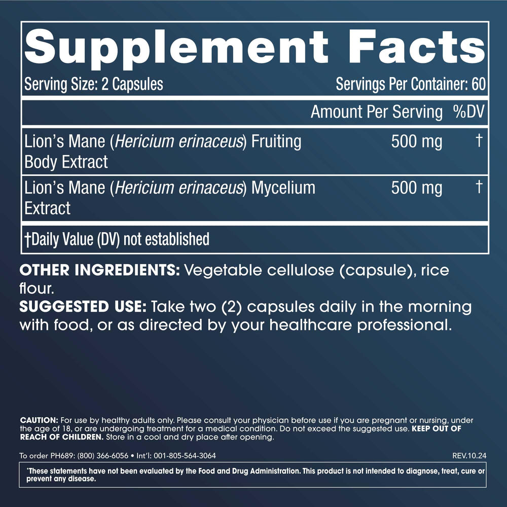 Capsules of fruiting body and mycelium blend supporting brain health and immunity.