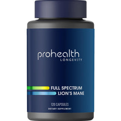 ProHealth Lion’s Mane full-spectrum bottle showing 120 capsules for cognitive vitality.