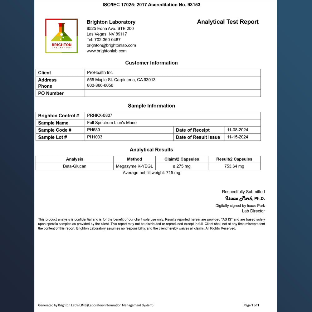 Close-up of ProHealth Lion’s Mane label noting triple testing and USA GMP.