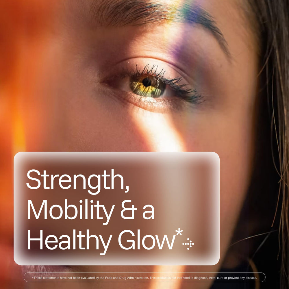 ProHealth Longevity Collagen bottle close-up highlighting hyaluronic acid and pro-collagen ingredients.