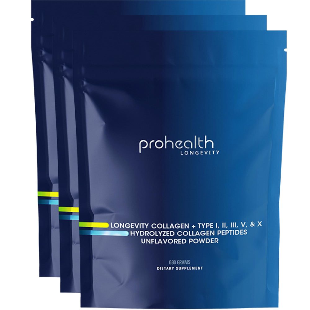 ProHealth Longevity Collagen powder jar and scoop demonstrating easy daily mixability.