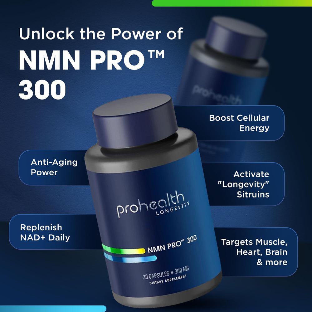 Close-up of ProHealth NMN Pro 300 capsules for convenient daily use
