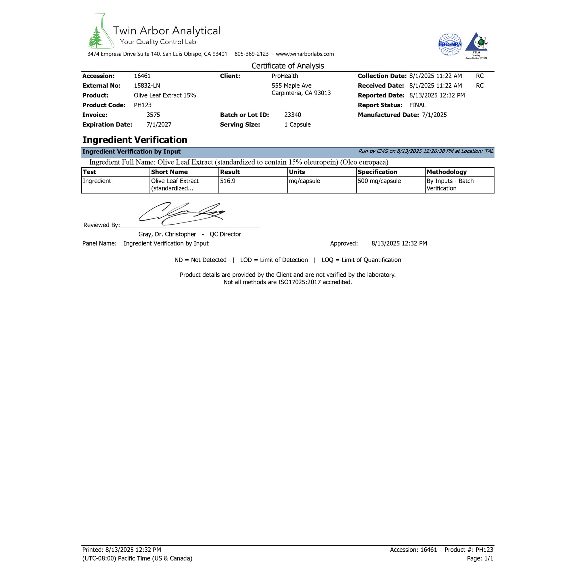 ProHealth Olive Leaf Extract label highlighting gluten-free and third-party testing.