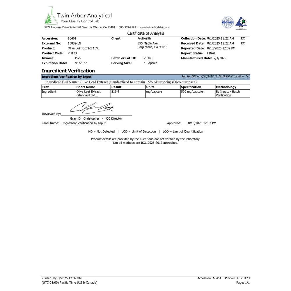 ProHealth Olive Leaf Extract label highlighting gluten-free and third-party testing.