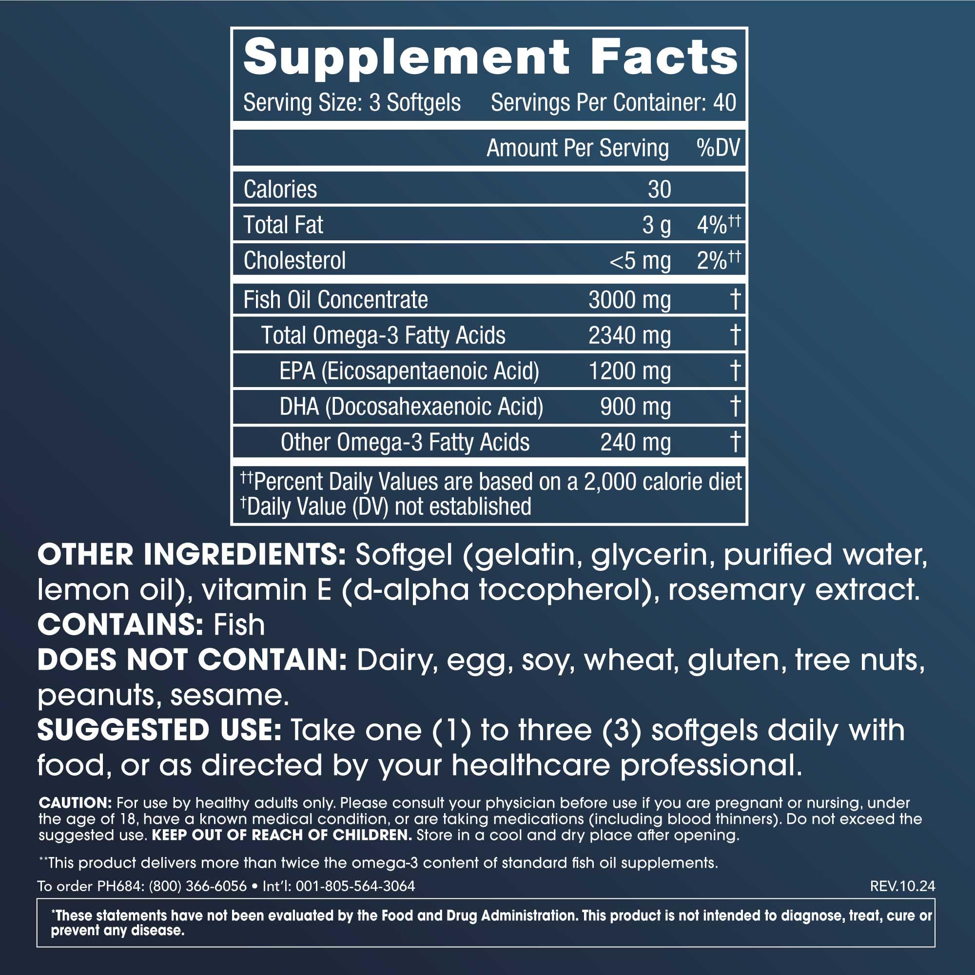 Close-up of ProHealth Omega-3 bottle label highlighting purity and third-party testing