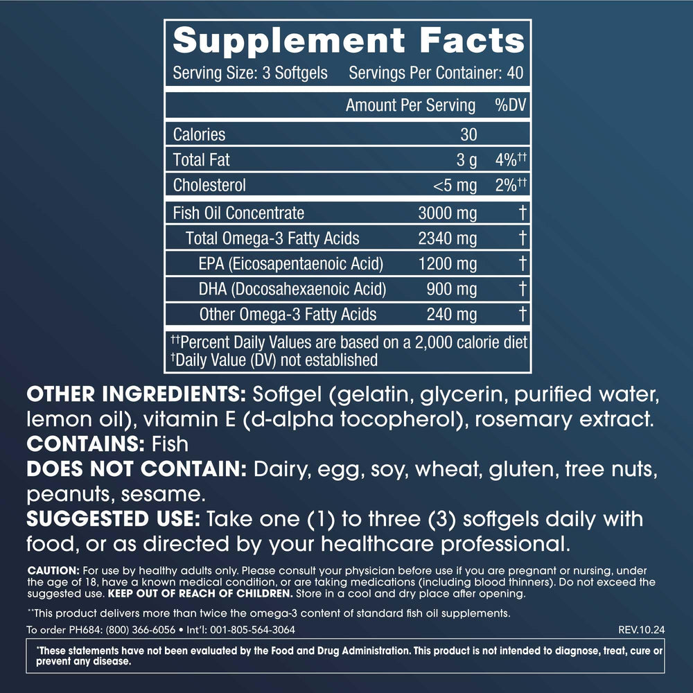 Close-up of ProHealth Omega-3 bottle label highlighting purity and third-party testing