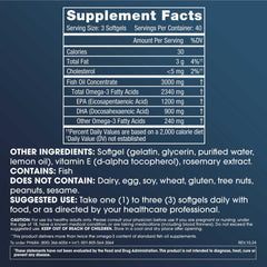 Close-up of ProHealth Omega-3 bottle label highlighting purity and third-party testing