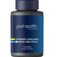 ProHealth Optimized Curcumin Brain and Focus bottle highlighting clarity from Longvida curcumin